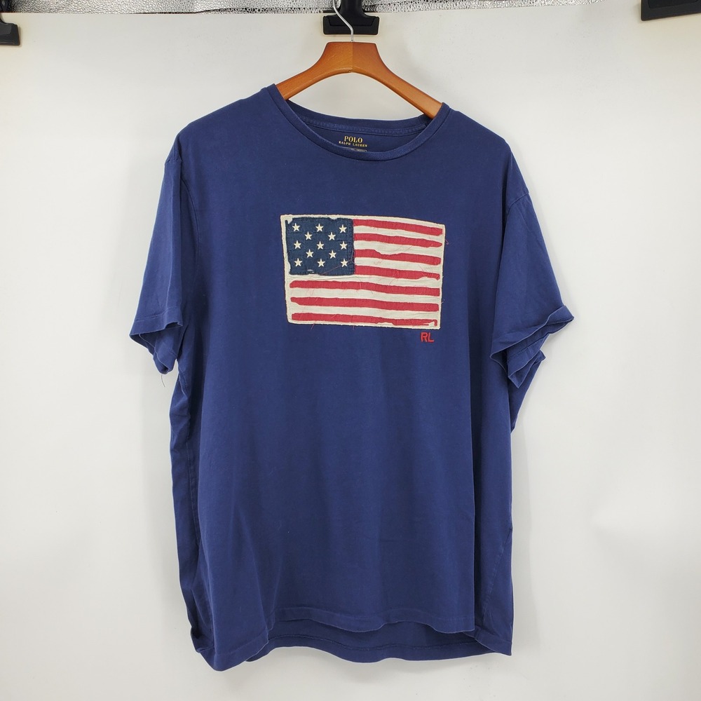 Polo Ralph Lauren Mens XXL Navy Blue American Flag Graphic T-Shirt Distressed RL